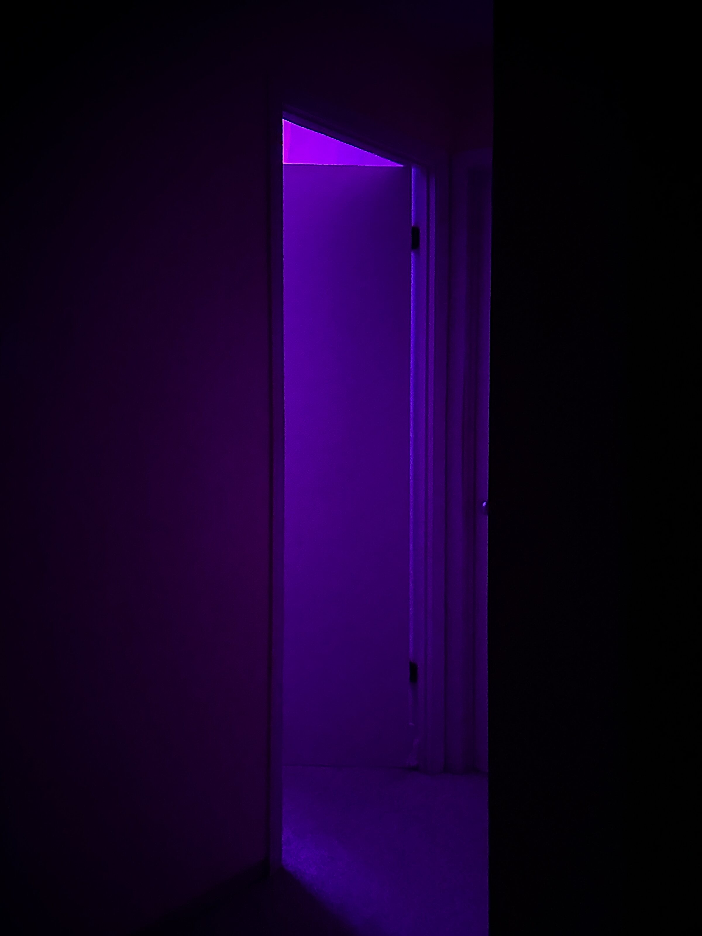 An open doorway illuminated in violet light